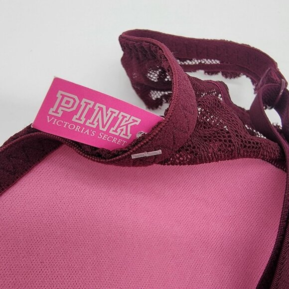 Victoria‎ Secret PINK Bra Maroon Lace Push-up Underwire Padded Cross Back S NWOT - Picture 3 of 9